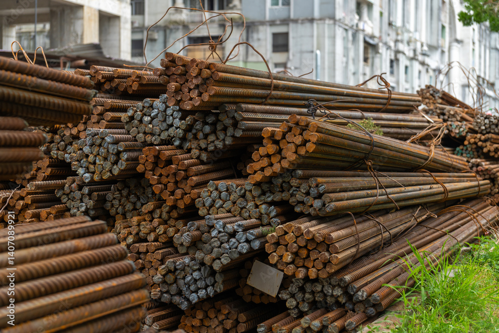 Stack of rusty metal reinforcement bars lying outdoors waiting for installation during the construction of a new building