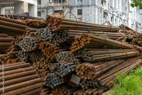 Obraz na płótnie Stack of rusty metal reinforcement bars lying outdoors waiting for installation during the construction of a new building w salonie