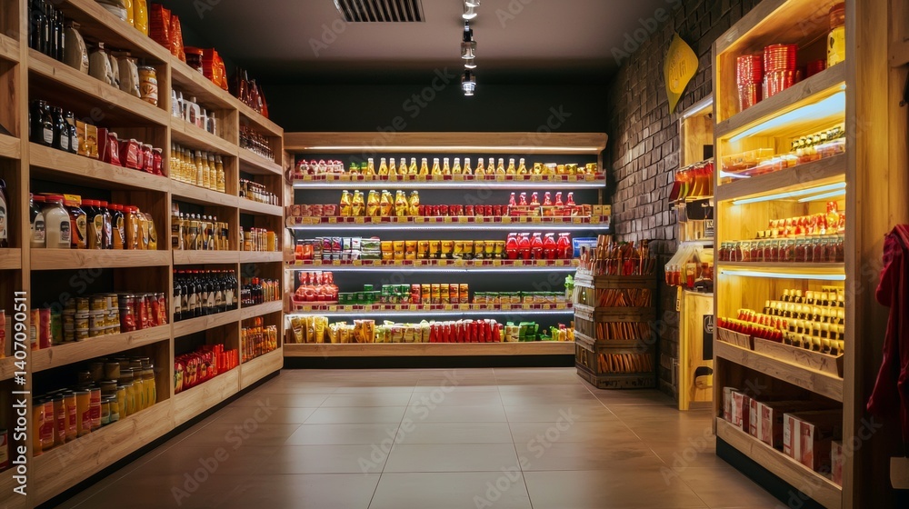 Empty supermarket aisle with fully stocked shelves Empty supermarket aisle with fully stocked shelves