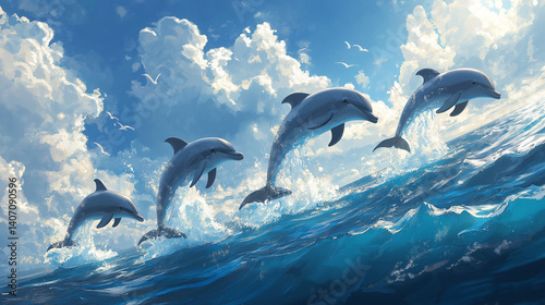 Ocean waves and playful dolphins in digital art