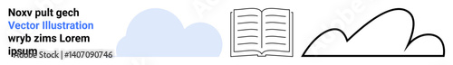 Open book with lined pages surrounded by solid and outlined cloud shapes. Ideal for education, knowledge sharing, creativity, cloud computing, storytelling, digital learning, simple landing page