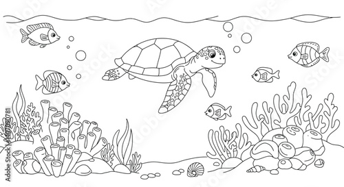 Happy Green Sea Turtle Gliding Gracefully Over a Vibrant Coral Reef Ecosystem Teeming with Small Fish