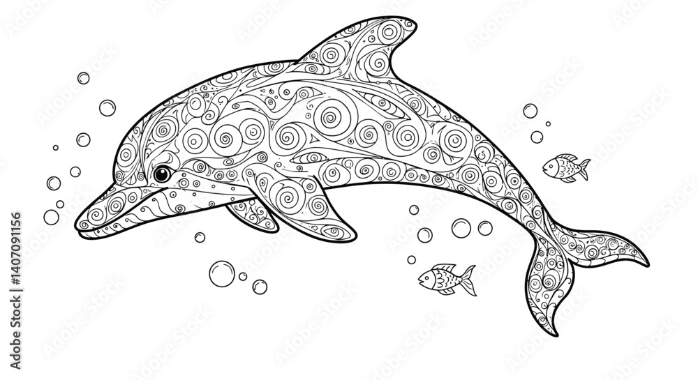 Fototapeta premium Elegant Stylized Dolphin Graphic with Ornate Swirl Designs Gracefully Swimming Among Bubbles and Tiny Ocean Fish