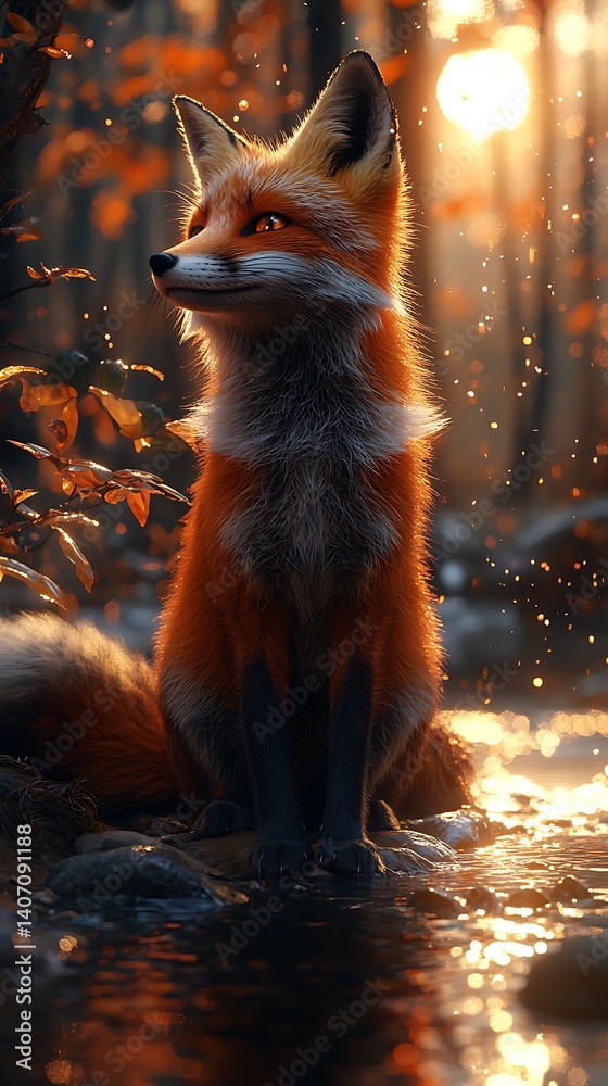 Naklejka premium Evening Glow Fox Tranquil Scene Calm Animal Energy Forest Silence Photo