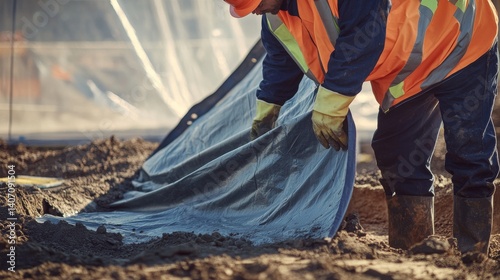 Laborer securing a tarp at a construction site. Featuring teamwork and attention to detail