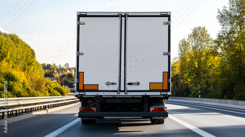 The back view of the truck on the road,