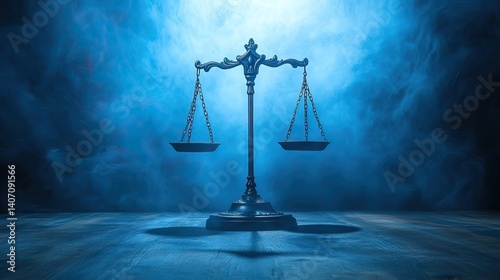Floating scale with both sides balanced by light, weightless justice