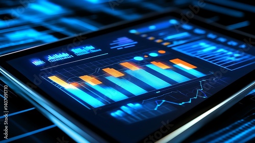 Digital Tablet with Financial Chart Display, A digital tablet displaying a colorful financial chart with bar graphs and data points