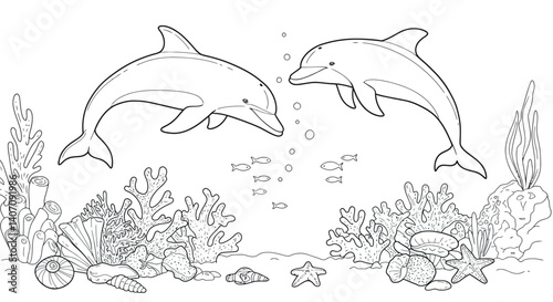 Outline Two Dolphins Swimming Over Coral Reef Line Art with Branching Corals Small Fish and Starfish Details Below