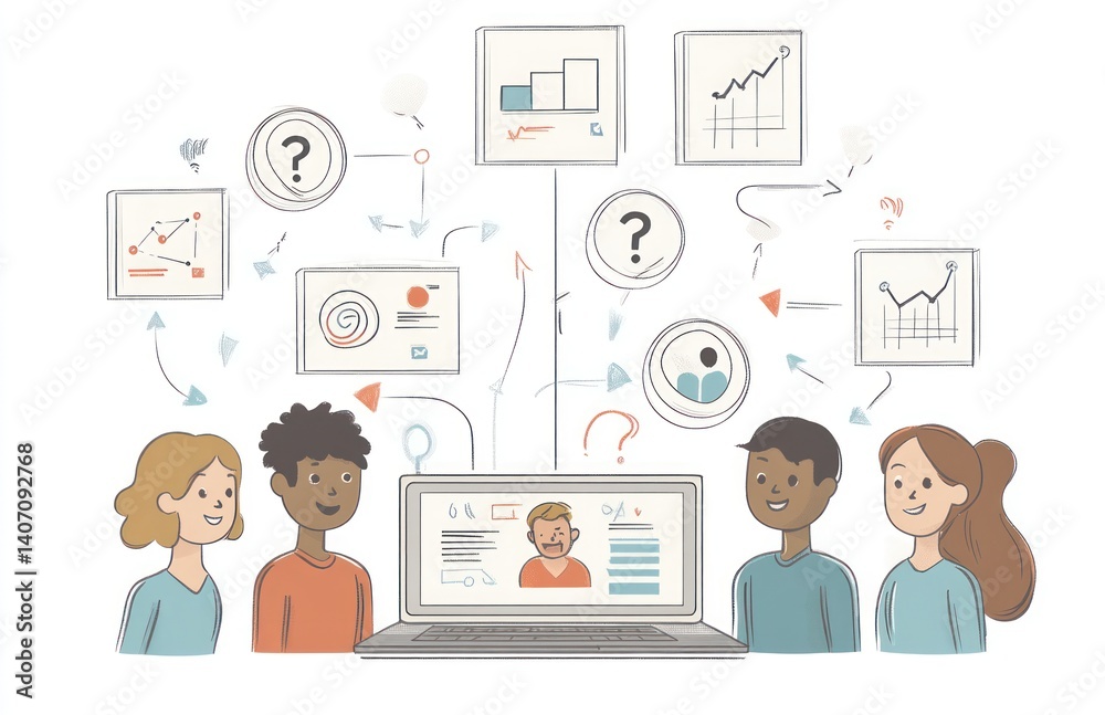Diverse team collaborating on online project presentation Diverse team collaborating on online project presentation