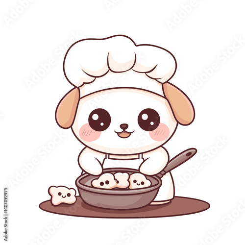 Cute puppy chef with a white chef hat and apron, holding a frying pan and bone-shaped cookies, white background cartoon vector 