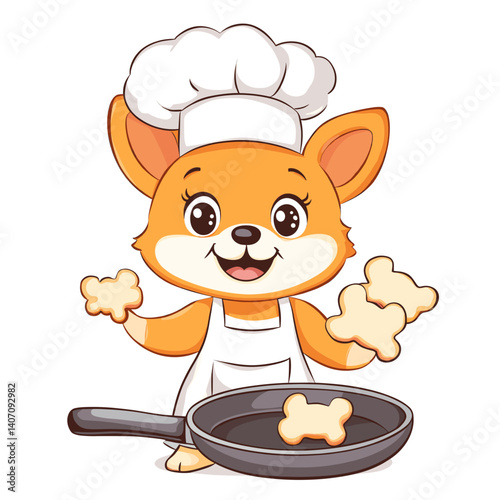 Cute puppy chef with a white chef hat and apron, holding a frying pan and bone-shaped cookies, white background cartoon vector 