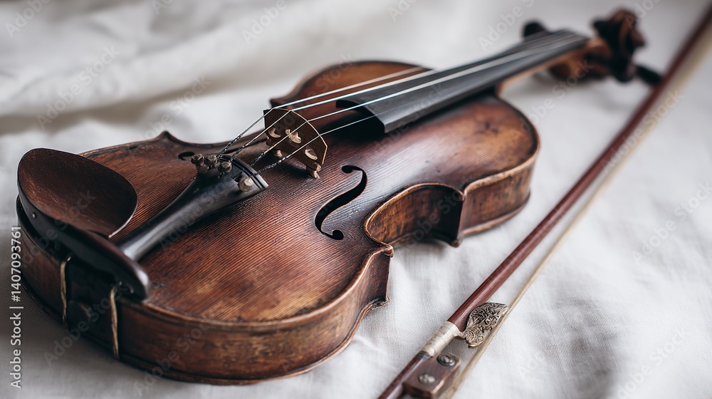 Fototapeta premium Antique violin with bow on white fabric.