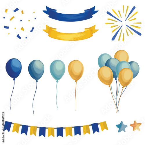Blue and yellow decorations for birthday Balloons confetti stars