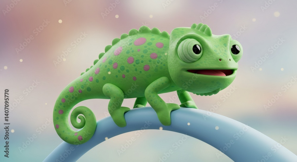 Fototapeta premium Whimsical Chameleon Character Illustration with Playful Design and Pastel Backdrop