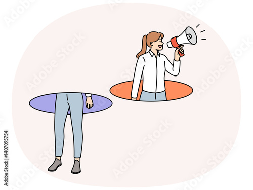 Woman with megaphone calls for visiting approaching sale by leaning out of hole. Girl promoter conducts marketing events and advertising campaign using megaphone to attract customers to new store