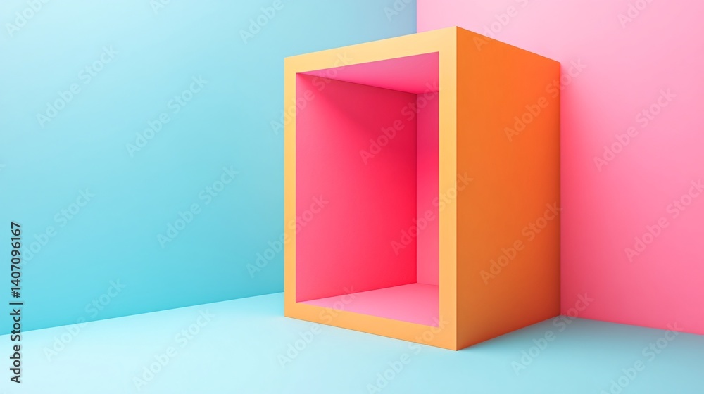 Empty orange frame displaying vibrant pink interior on colorful background