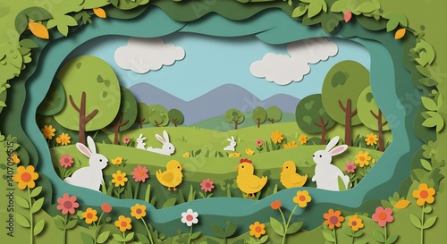 Vibrant Spring Meadow Paper Cut Style with Bunnies and Chicks