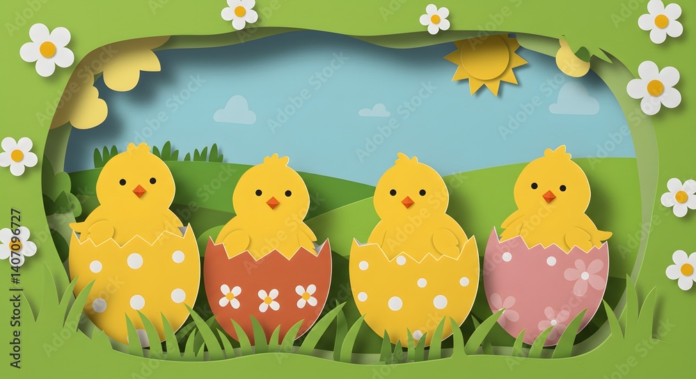 Obraz premium Heartwarming Easter Chicks Hatching Paper Cut Style Spring Illustration