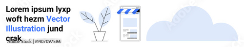 Text block, potted plant, storefront display, and cloud illustration. Ideal for business branding, online store promotion, modern interface, digital tools, marketing campaigns design inspiration