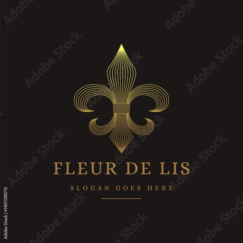 Elegance Gold Line art fleur de lis logo icon vector on black background