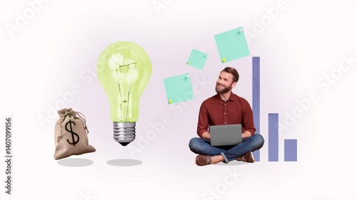 Motion art trend collage video of happy businessman type laptop dollar income