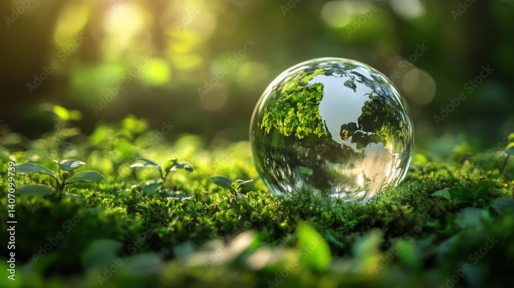 crystal earth globe resting on vibrant moss bed conveying a message of ecological balance and sustainable coexistence between humanity and nature offering a visual pledge of environmental stewardship crystal earth globe resting on vibrant moss bed conveying a message of ecological balance and sustainable coexistence between humanity and nature offering a visual pledge of environmental stewardship