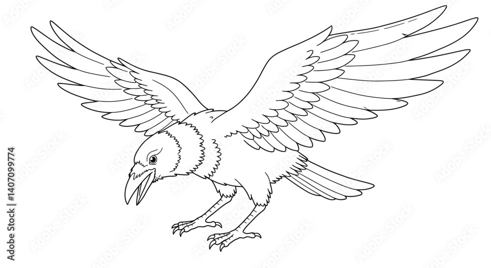 Fototapeta premium Japanese Myth Karasu Crow Coloring Sheet Three Legged Raven Yatagarasu Symbol Line Art Design Activity