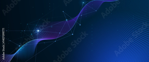 Vector illustration abstract technology with molecule, Flowing dot particle wave flow line, wireframe and dot on blue background. Datum technology network, science, artificial intelligence concept