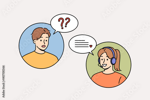 Woman call center operator advises man who contacted support service with question. Interaction between user and call center employee with headset, for concept of psychological support phones