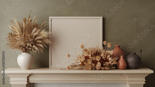 Dried flowers and plants in vases on a mantelpiece, flanking a blank frame against a textured green wall.  Showcase mockup, ideal for autumnal or minimalist design
