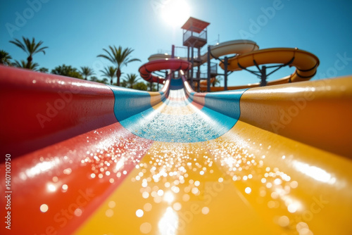 Water park with water colored flights, slides, splashes and pools at luxury hotel. summer vacation activity on holiday at outdoor waterpark or aquapark. AI