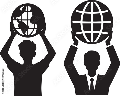 Young man holding globe above head in flat black silhouette vector design and earth care illustration set
