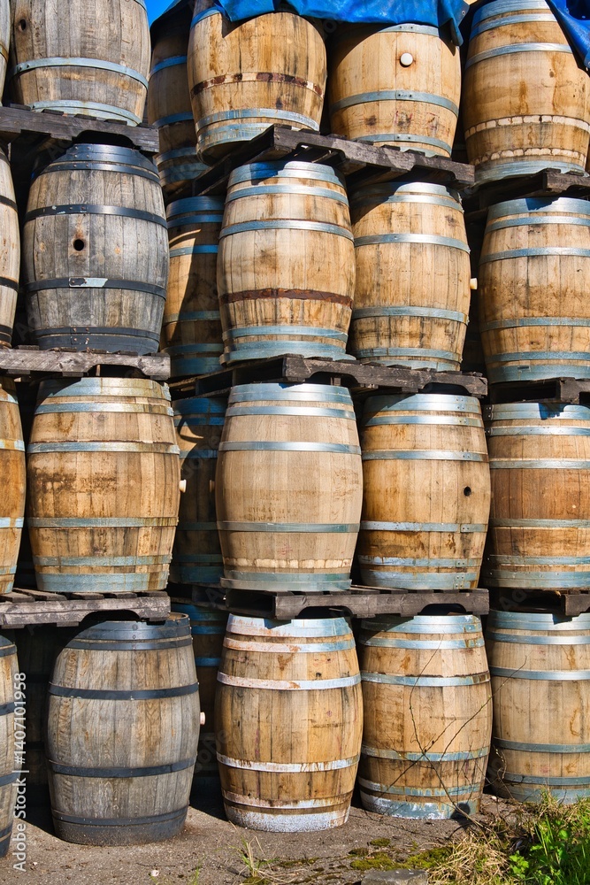 Vertical shooting of old wooden barrels at a winery. Vertical shooting of old wooden barrels at a winery.
