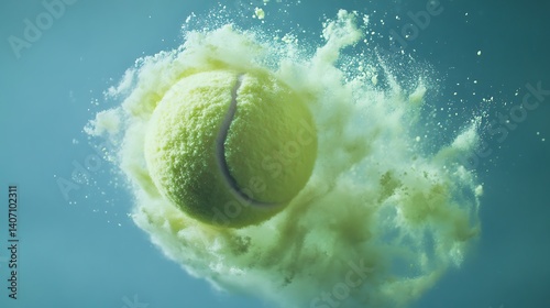 Hypnotic freeze-frame of a hovering tennis ball breaking apart into a soft floating cloud of radiant light green powder