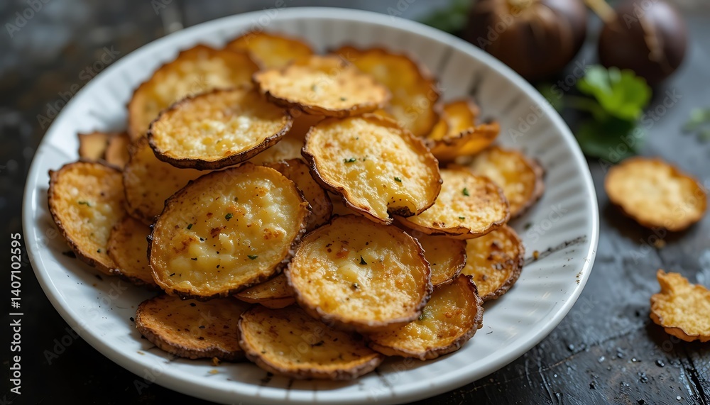 Serving of Round Crispy Baked Potato Chips on a Plate Serving of Round Crispy Baked Potato Chips on a Plate