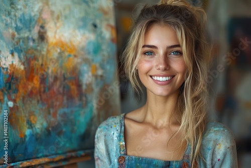 Young Artist Portrait: Smiling Woman in Studio with Vibrant Abstract Painting & Creative Workspace