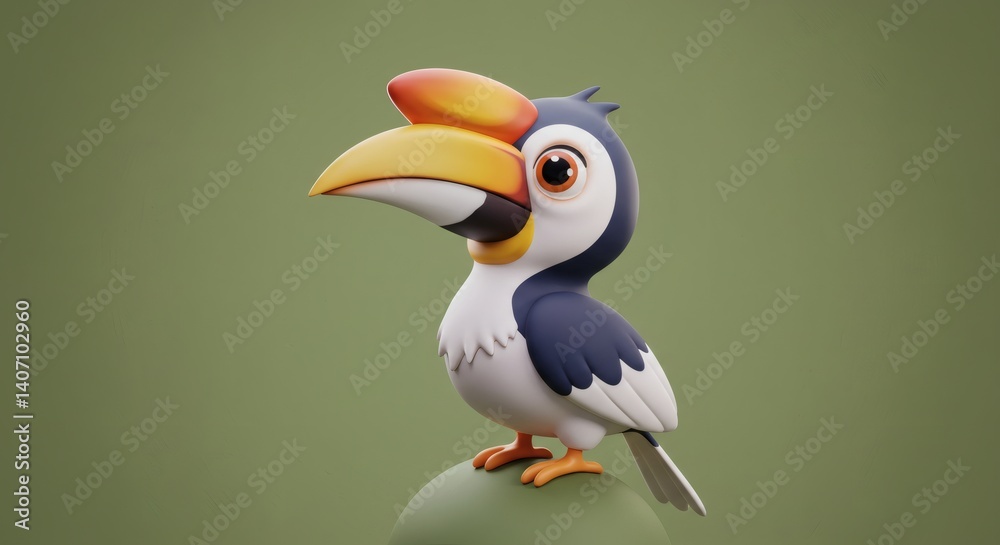 Naklejka premium Stylized cartoon toucan perched peacefully, a whimsical 3D illustration, standing still