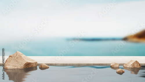 Platform podium on beach vibe seaside summer sky sand stone rock stand display advertising freshness sea coastal waves wind island nature. pedestal cosmetic beauty products or travel. 3D Illustration.