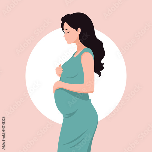 Vector illustration of a pregnant woman in profile, holding her belly with care. Motherhood, maternity, and pregnancy concept in flat style isolated on a soft background.