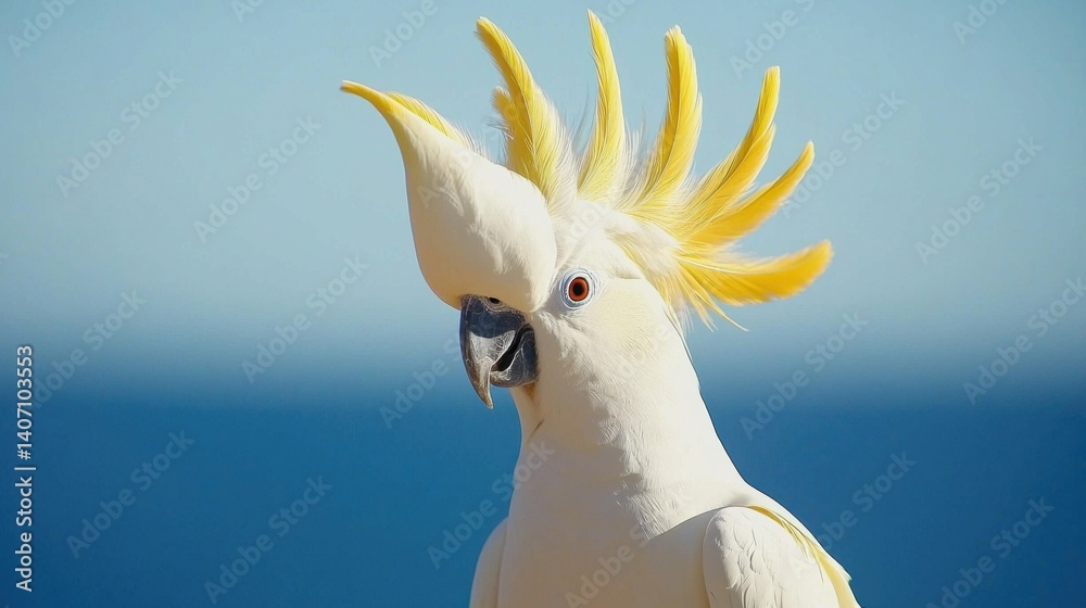 Fototapeta premium White Cockatoo with yellow crest close up picture of an Australian Bird on a car side mirror. A native bird of the state of Victoria. Also known as Umbrella bird.