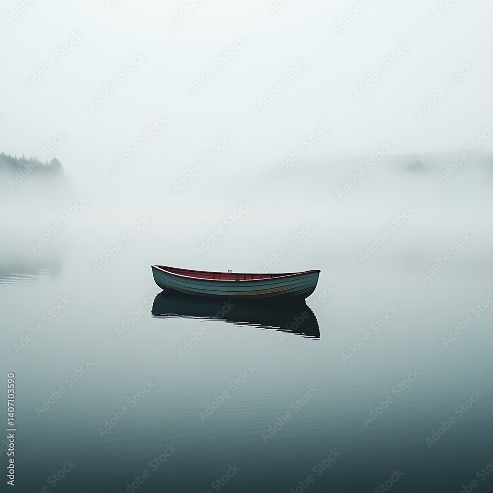 Naklejka premium A lone boat in the middle of a foggy lake