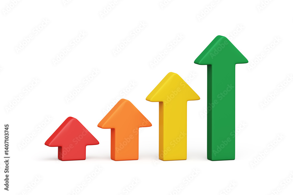 3D object step up indicator graph arrow chart index red, orange, yellow, green. Business finance and profit investment rate successful goal win marketing strategy. clipping path. 3D Illustration. 3D object step up indicator graph arrow chart index red, orange, yellow, green. Business finance and profit investment rate successful goal win marketing strategy. clipping path. 3D Illustration.