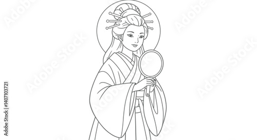 Amaterasu Japanese Shinto Deity Sun Goddess with Simple Mirror Outline Art Coloring Sheet for Creative Activity