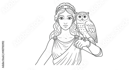 Athena Greek Goddess of Wisdom and Strategy Featuring Simplified Owl Outline Art Coloring Sheet for Mythology Fans