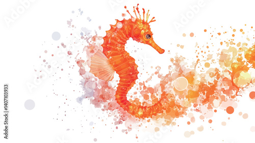 A digital watercolor painting of an orange seahorse.  The seahorse is depicted in profile view, facing right. Its body is detailed, showing texture and form.  Surrounding the seahorse are splashes