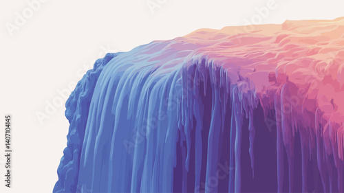 Close-up view of a digitally rendered abstract image resembling a waterfall. The image features a gradient color scheme transitioning from cool blues and purples at the bottom to warm pinks