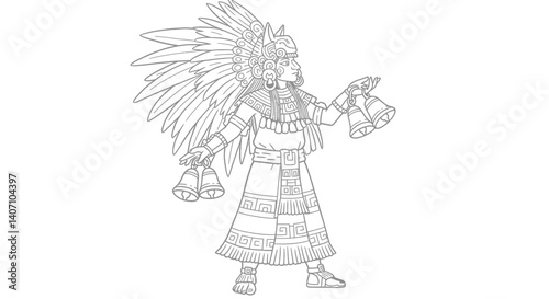 Aztec Moon Goddess Coyolxauhqui with Symbolic Bells Simple Line Art Coloring Page Illustration for History Buffs