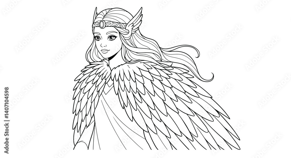 Fototapeta premium Norse Goddess Freyja Love and Beauty Deity with Falcon Cloak Outline Line Art Coloring Page Illustration Design