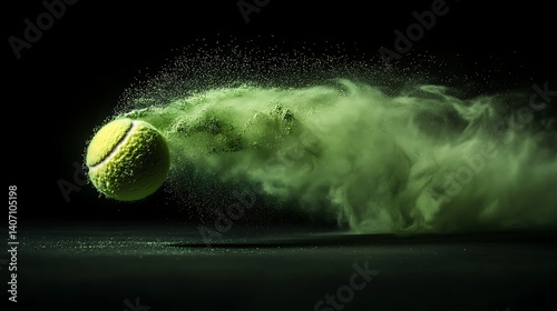Intense high-speed shot of a tennis ball ricocheting mid-air shedding a thick cloud of dramatic light green powder on black